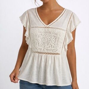 NWT Lucky Brand Ivory Crochet Lace Flutter Short Sleeve Blouse, Size L